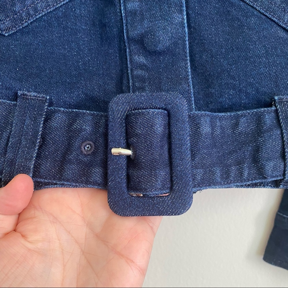 Good American The 70s Icon Belted Cropped Denim Jacket Deep Blue 0 XS NWT - Picture 12 of 16